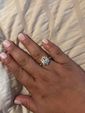 Silver Halo Oval Cubic Zirconia Engagement Ring - White